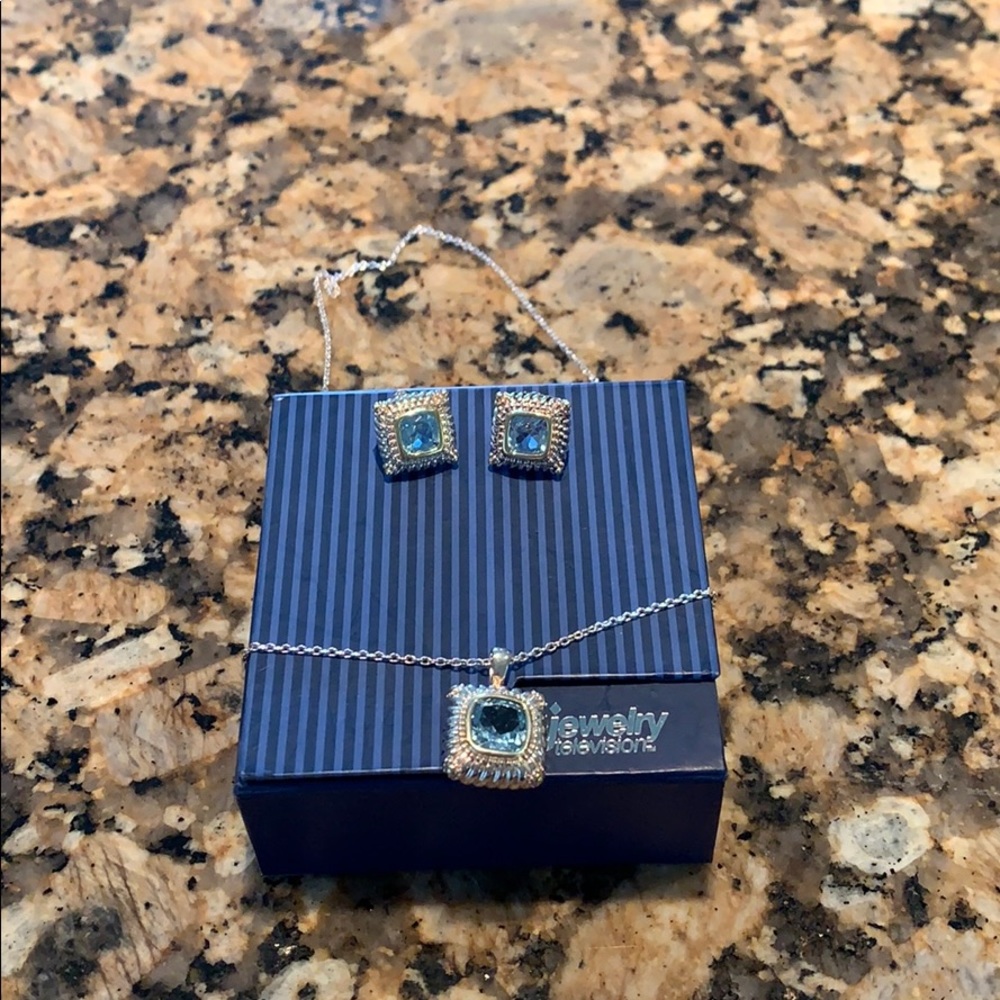 Silver blue topaz earrings and necklace set